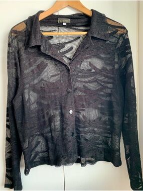 Black Sheer Mesh Button-Down Shirt Blouse